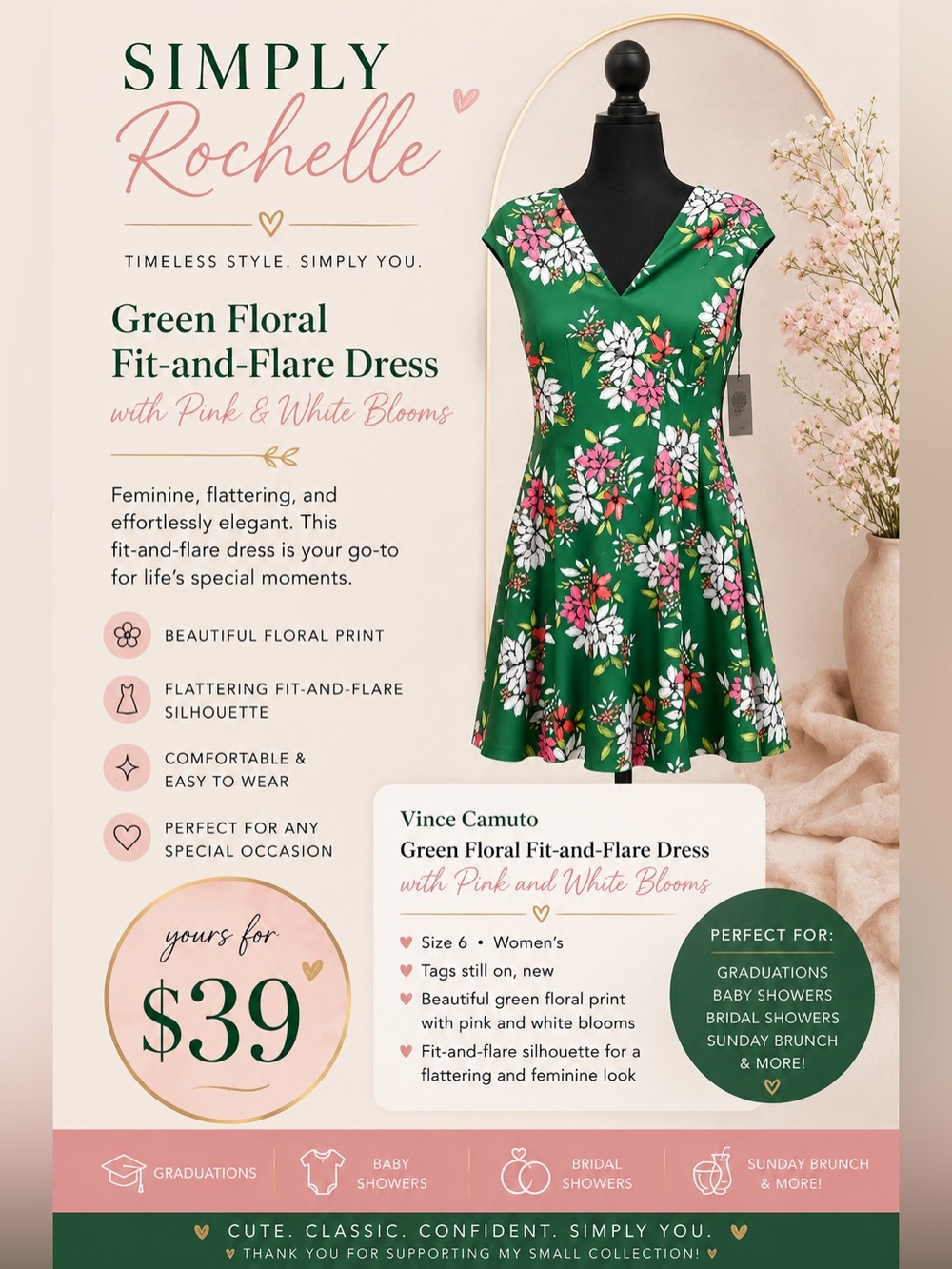 Vince Camuto Green Floral Fit-and-Flare Dress with Pink and White Blooms